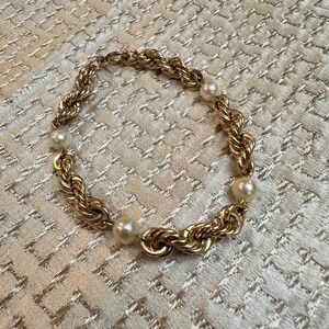 Winard Vintage 12 K Gold Filled‎ Rope Chain Faux Pearl Beaded Bracelet Elegant